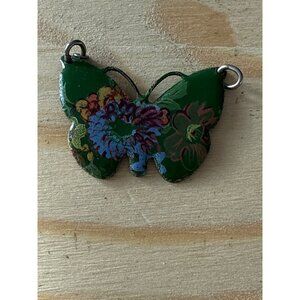 Butterfly Pendant With Floral Design On Green Enamel Metal Base